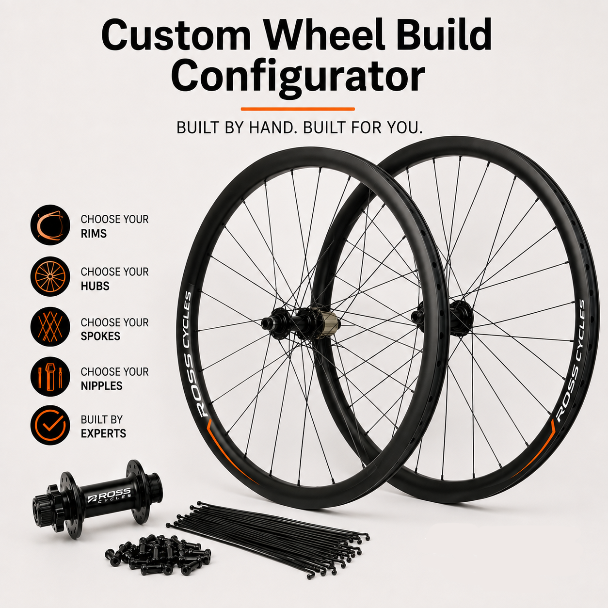 Custom wheel build configurator graphic showing two black Ross Cycles carbon wheels, a hub, cable ties, and screws on a light beige background with feature callouts and Ross Cycles branding.